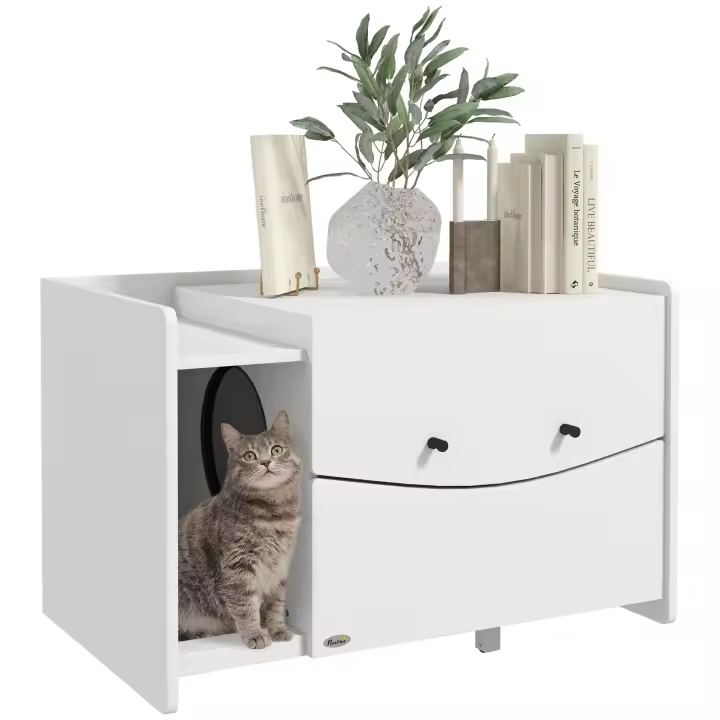 PawHut Caja de arena para gatos, gabinete oculto para arena para gatos, compartimento deslizante, mesa auxiliar para mascotas, 2 orificios de ventilación, tapete para fugas de arena, color blanco - 1