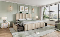 Cama tapizada Cabecero tapizado Doble with Rayas Decorativas Doradas y Carga USB Type-C 160*200 cm, material de lino beige con 4 cartones, capacidad de carga de 200 kg (sin cojín). - details 0