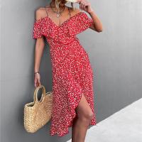Vestido Maxi Bohemio Vintage Para Mujer Estilo Playa Con Estampado Floral Irregular De Hombro Solo Y Tirantes Medio Calf - details 9