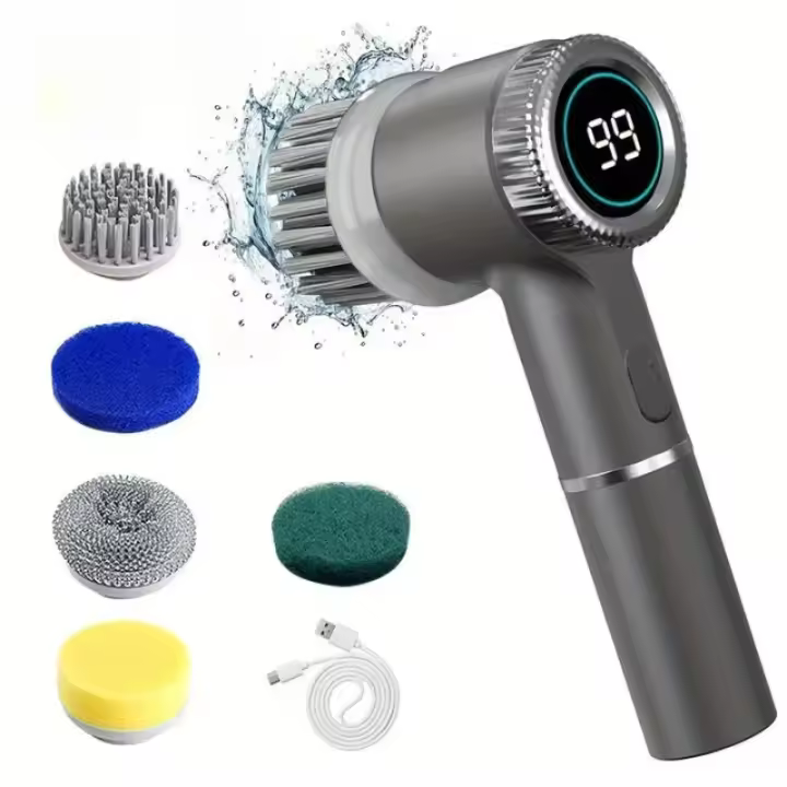 Cepillo De Limpieza Eléctrico Multifuncional 5 En 1 Para Cocina Baño Y WC Cepillo Portátil Con 5 Cabezas De Repuesto Pantalla LED - 1