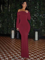 Vestido De Hombros Descubiertos Kliou Para Mujer Estilo Clásico De Calle Alta Manga Completa Hueco Vestido Delgado Sencillo Elegante De Fibra Sintética - details 10