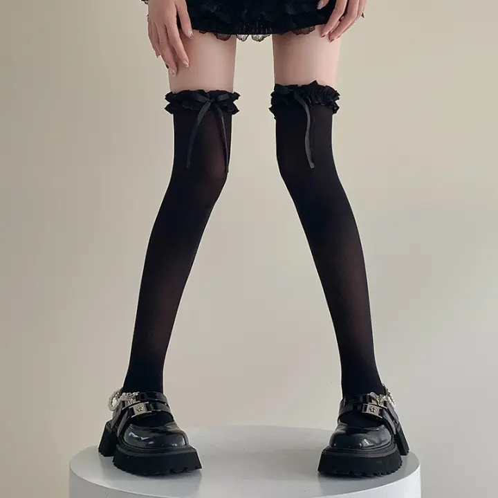 1 Par De Medias Largas Para Mujer Estilo Ballet Con Lazo Blanco En Primavera Y Verano Lencería Interior Fina Y Adorable - 1