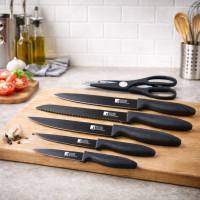 Bergner - Set de 5 cuchillos + tijeras OSAKA de acero inoxidable color negro, incluye chef, deshuesador, pan, utilitario y pelador - details 1
