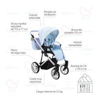 Carrito Montes Azul Plata Glitter 2 piezas AdaBaby, Dos piezas: capazo y silleta, Bolso, cobertura de lluvia, mosquitera, botellero y cubrepiés, Silleta hasta 22kg, plegable con el chasis en ambos sentidos, Tejidos de ecopiel y capotas de brillo - details 1