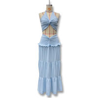 Conjunto Elegante De 2 Piezas Para Mujer Halter Sin Espalda Camisola De Cintura Elástica Con Volantes + Falda Larga De Encaje Sólida Vestido De Noche Para Fiesta Y Vacaciones En La Calle - details 8