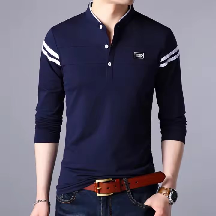 Camisa Polo De Manga Larga Para Hombre Moda Verano Algodón Transpirable Cuello Erguido Cómoda Estilo Coreano Casual Contraste De Colores - 1