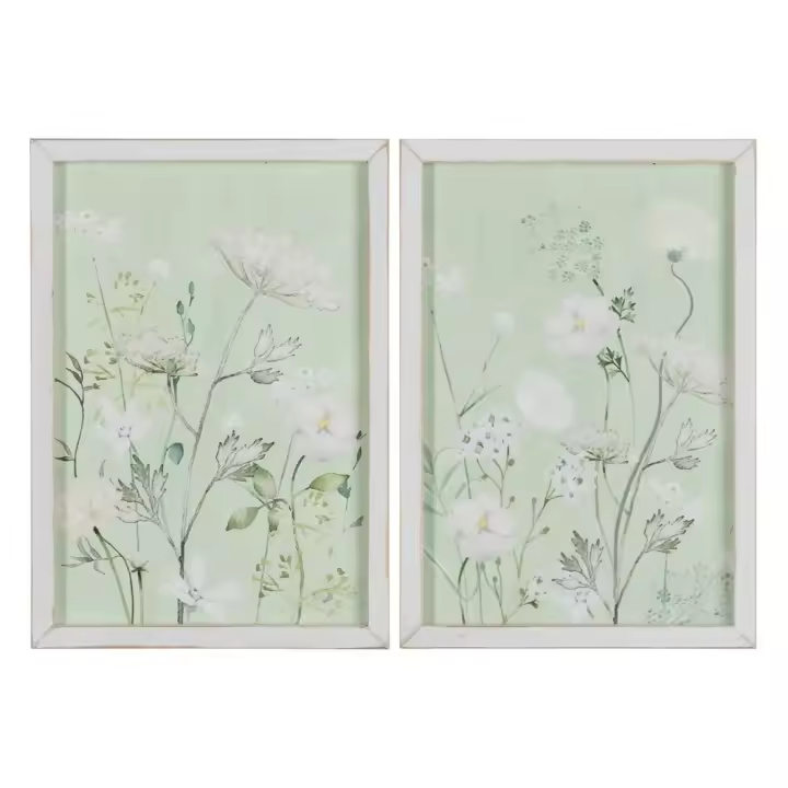 Set Dos Cuadros Avalon con Dibujo de Flores Blanca y Fondo Verde , Estilo Vintage ( 2M 24x2x34 cm) - 1