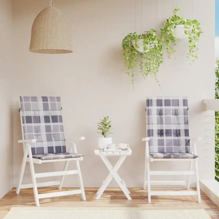 vidaXL Cojín silla jardín respaldo alto 2 uds cuadros gris 120x50x3 cm - 1