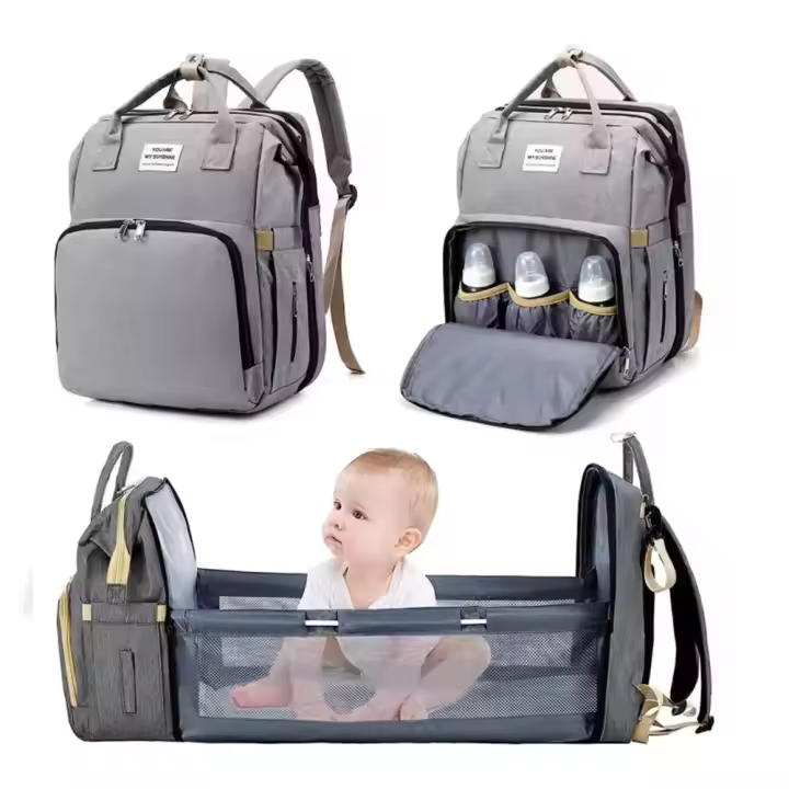 Mochila multifuncional plegable gris - porta biberón, aislamiento térmico 360°, capacidad de carga de 20 kg, tejido Oxford resistente, ideal para los padres viajeros y el bebé. - 1