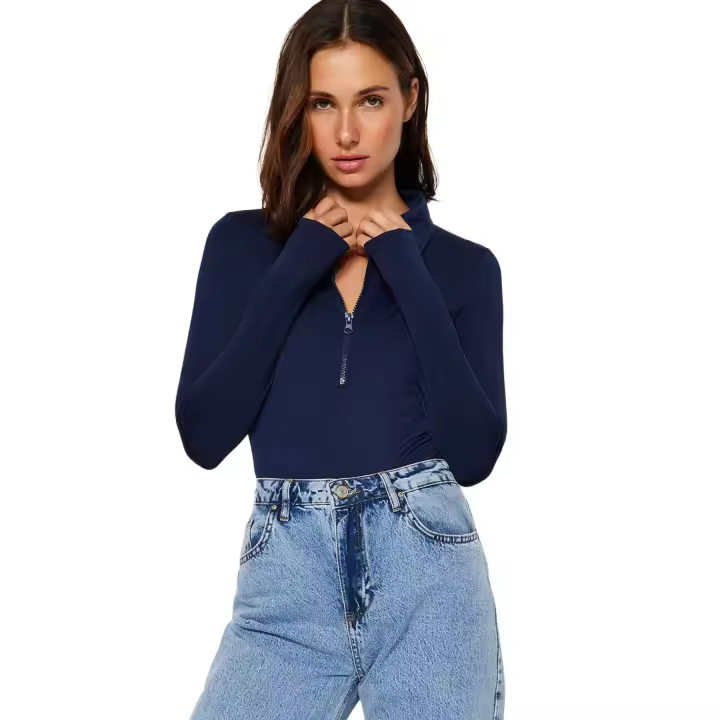 Trendyol Navy Blue Zipper Collar Detailed Snap Snap Elastic Knitted Bodysuit Twoaw24Bd00005 - 1