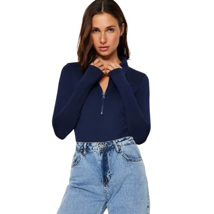 Trendyol Navy Blue Zipper Collar Detailed Snap Snap Elastic Knitted Bodysuit Twoaw24Bd00005 - 1
