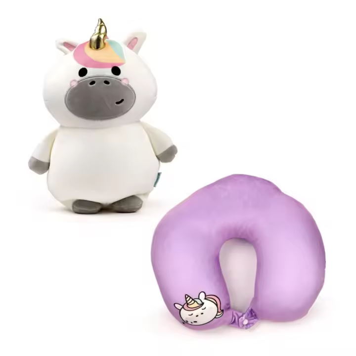 Peluche coche niño cojin cervical almohada unicornio regalo viaje suave, 2 en 1, coche tren infantil juguete. Puckator - 1
