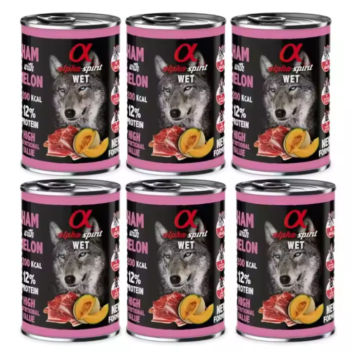 Pack 6 latas x 400 Gr - Alpha Spirit Comida Húmeda de Jamón con melón para Perros - 1