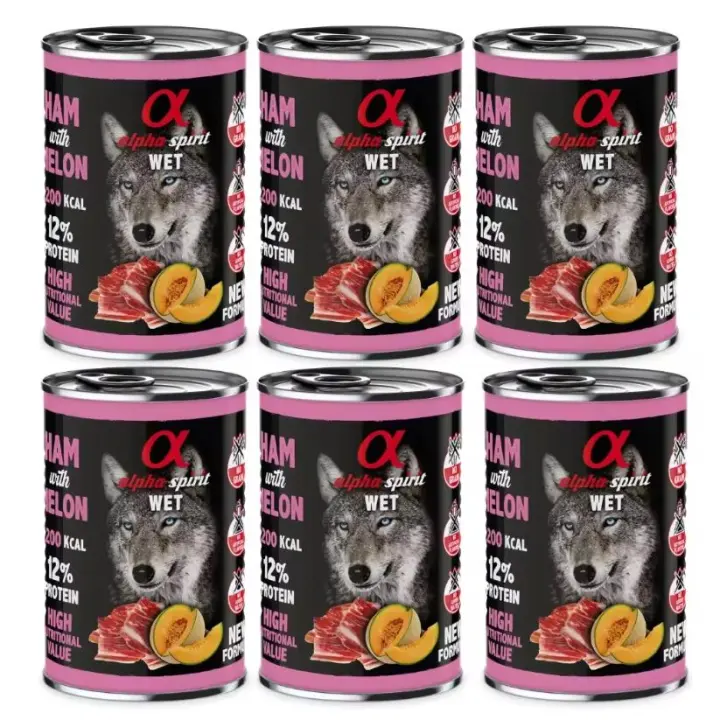 Pack 6 latas x 400 Gr - Alpha Spirit Comida Húmeda de Jamón con melón para Perros - 1