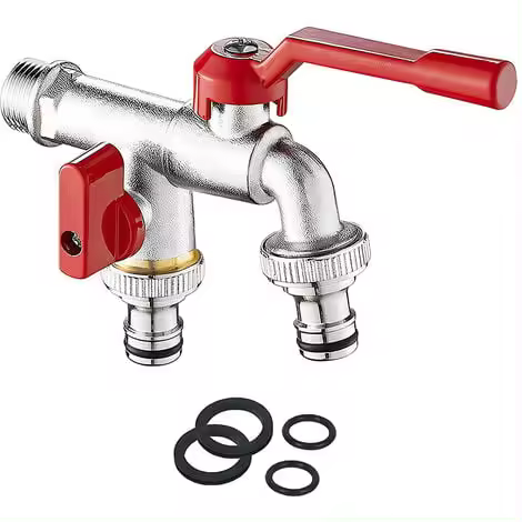 Grifo doble para jardín, grifo de agua de latón de 1/2 pulgadas, grifo exterior montado en la pared con salida de 2x 3/4 pulgadas para jardín, lavadora, barril de lluvia antioxidante y anticongelante (rojo) - 1