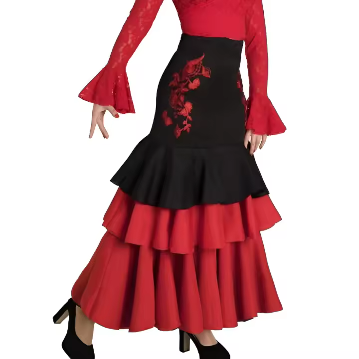 Falda de mujer anuka para la danza flamenco con volantes rojos y flores bordadas en el lateral - 1
