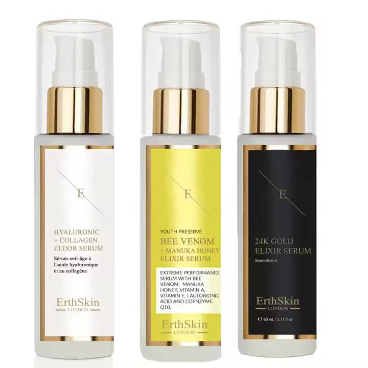 ErthSkin London Suero Elixir de Veneno de Abeja + Miel de Manuka 60 ml + Suero de Ácido Hialurónico y Colágeno - 60 ml + SUERO ELIXIR ANTIARRUGAS ORO 24K - 60 ml - 1