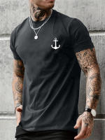 Camiseta De Algodón 100% Para Hombre Con Patrón De Ancla Casual Deportiva Ajustada Con Mangas Cortas Cuello Redondo - details 4