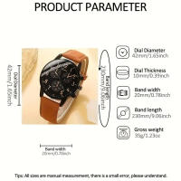 Reloj De Cuarzo Para Hombre Con Correa De Cuero Sintético Marrón Y Pulsera Simple Mostrador De Fecha No Impermeable Movimiento De Zinc Al - details 3