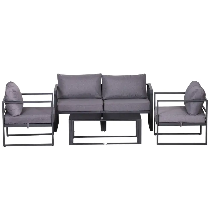 Outsunny Conjunto de Muebles de Jardín de Cuatro Piezas, Zona de Estar, Sofá con Cojines de Asiento, Mesa con Espacio de Almacenamiento, Poliéster, Gris, 138 x 69 x 63 cm - 1