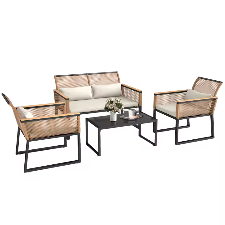 Outsunny Conjunto de Jardín Exterior 4 Piezas de Ratán Sintético Muebles Jardín Exterior con 2 Sillones 1 Sofá de 2 Plazas y Mesa de Centro con Tablero de Vidrio Templado Natural y Crema - 1