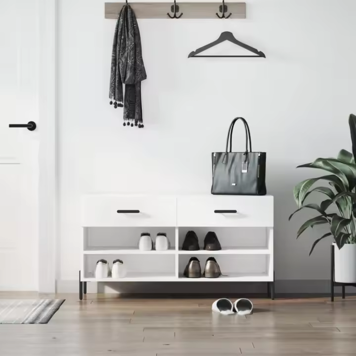 vidaXL Banco zapatero madera de ingeniería blanco brillo 102x35x55 cm - 1