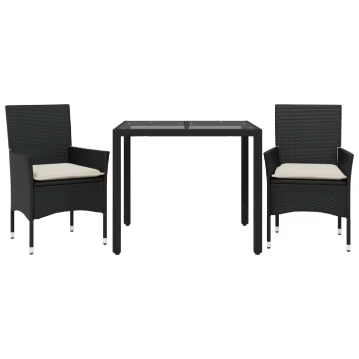 vidaXL Set comedor jardín 3 pzas cojines ratán sintético vidrio negro - 1