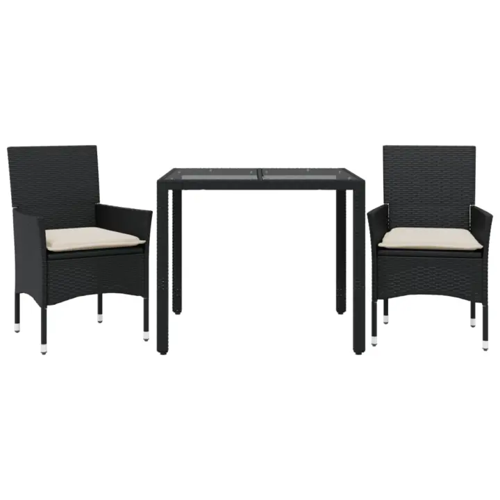 vidaXL Set comedor jardín 3 pzas cojines ratán sintético vidrio negro - 1