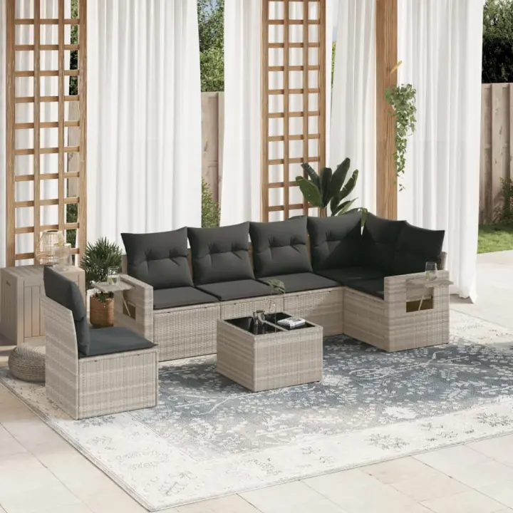 vidaXL Set de sofás de jardín 7 pzas con cojines ratán PE gris claro - 1