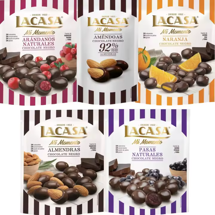 Lacasa Mi Momento pack de 5:Almendra 92% 65G,Arándano choco Negro 125G,Pasas choco Negro 150G,Almendra choco Negro 125G,Naranja choco Negro 125G - 1