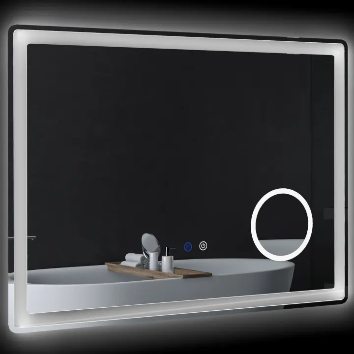kleankin Espejo de baño LED, espejo de baño con aumento 3x, espejo de pared de 80 x 60 cm con función táctil, función de memoria, espejo con luz antivaho y 3 colores de luz - 1