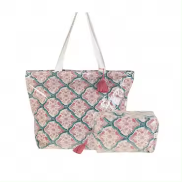 PACK BOLSO Y NECESER DE PLAYA DE ALGODÓN PLASTIFICADO – DISEÑO GEOMÉTRICO ROSA Y VERDE AGUA     PERGAMINO - 1