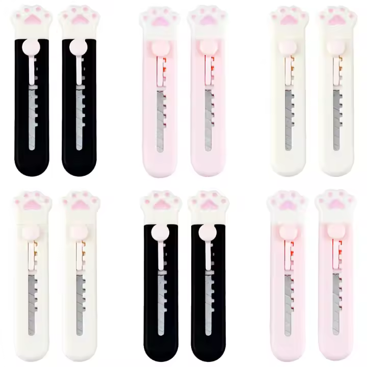 Abridor de cajas de 12 piezas, abrecartas, cuchillo telescópico portátil, papelería, mini cuchillo utilitario con forma de garra de gato de dibujos animados (rosa, blanco, negro) - 1