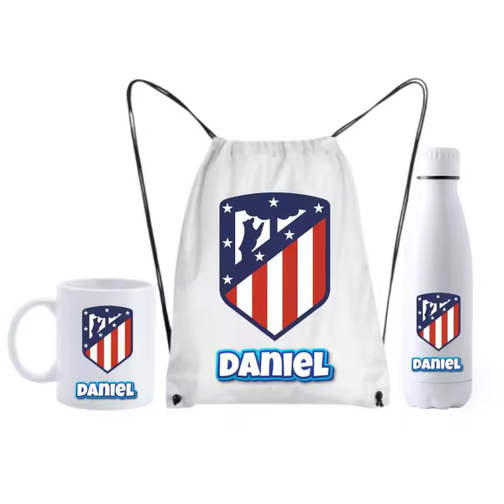 Atlético de Madrid - Mochila + Botella termo + taza (DEJAR NOMBRE EN CHAT O NOTAS) Escudo del Atletico Madrid + nombre - Regalo para hombre o mujer o niño - 1