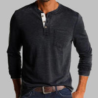 Camiseta De Hombre Elegante De Moda Primavera/Otoño Con Botones Collar Abierto Parcial Solido Con Bolsillo Manga Larga Top Para Comercio - details 9