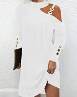 Vestido Elegante De Mujer Con Botones Metálicos Y Cuello Colgante De Color Sólido Vestido De Manga Regular Para Otoño - details 4