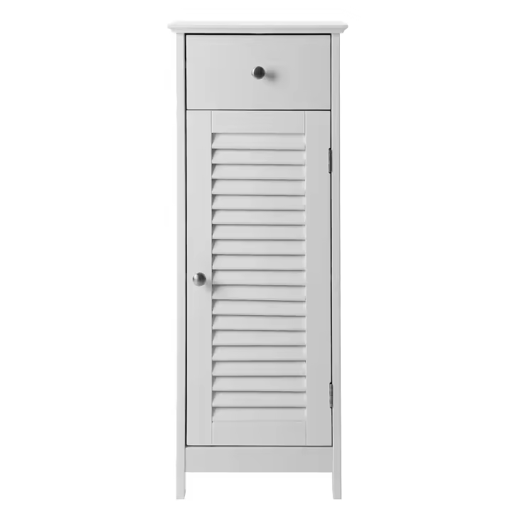 VASAGLE Armario de Baño, Armario de Pie, Almacenamiento de Baño, Marco de Madera con Puerta de Persiana, Cajón, Tablero de MDF, Blanco - 1