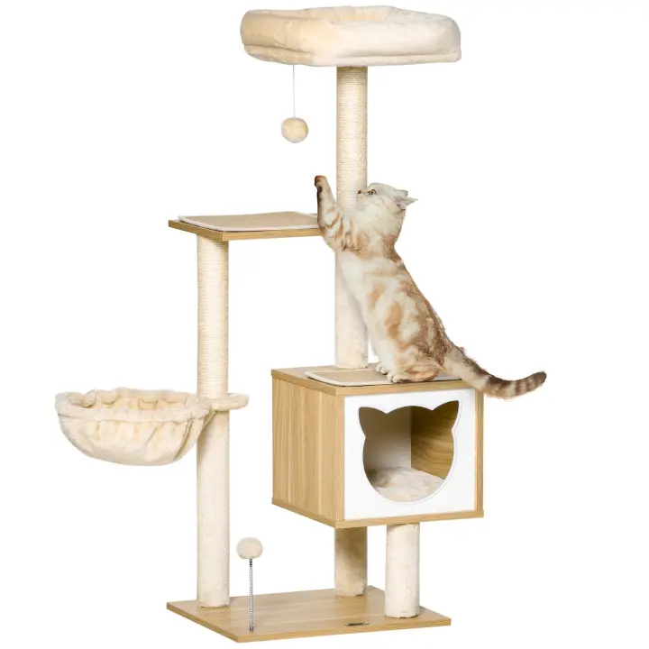 PawHut Árbol Rascador para Gatos con Plataforma Altura 126 cm Torre Escalador para Gatos con Hamaca Caseta Cama Postes de Sisal y Bolas para Jugar 48x40x126 cm Beige - 1