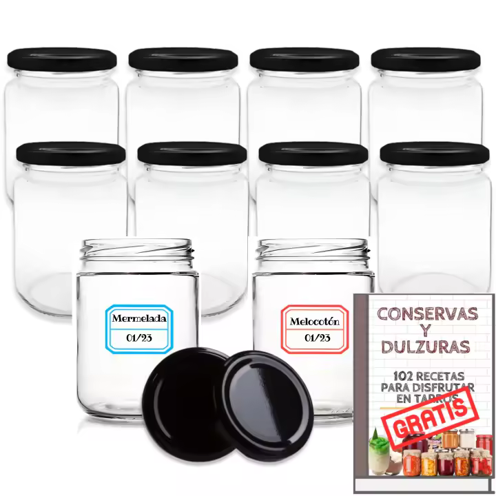 MundoTarros - Tarros de Cristal de 450 ml con Tapas + EBook con 102 Recetas para Conservas - Frascos con Tapa de Rosca para Alimentos Caseros - Bote Estanco - Incluye Etiquetas - Tarros Medianos - 1
