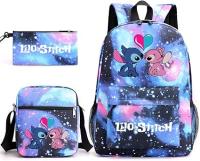 Mochila Escolar Stitch 3 Piezas para Niños y Adolescentes—Set de Mochila, Estuche y Bandolera, Diseño de Dibujos Animados, Color Azul, Moda Juvenil - details 2