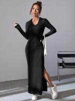 Vestido De Punto Negro Slim Con Cintura Ajustada Y Cuello En V Para Mujer Vestido Largo Casual De Otoño/Invierno - details 4