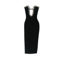 Vestido De Fiesta Para Mujer Verano 2024 Cuello En V Sin Mangas De Diamante Ajustado Sin Espalda Largo De Tobillo Con Adorno De Joyas Estilo Sexy Y Club - details 5