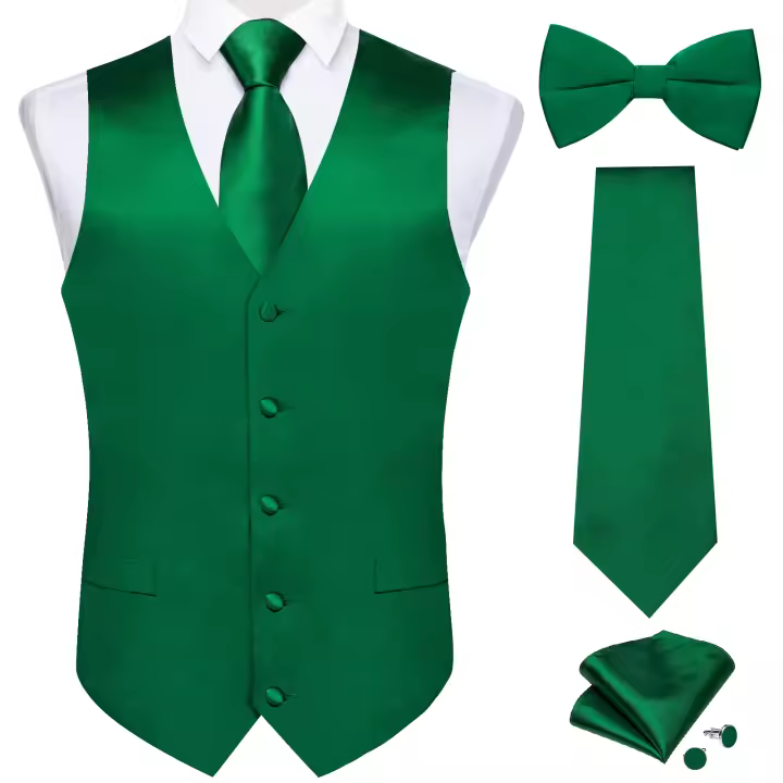 Chaleco De Satén Negro Para Hombres Con Corbata Pre-Atada Conjunto De Traje Azul Morado Verde Sabio Para Bodas Y Fiestas - 1