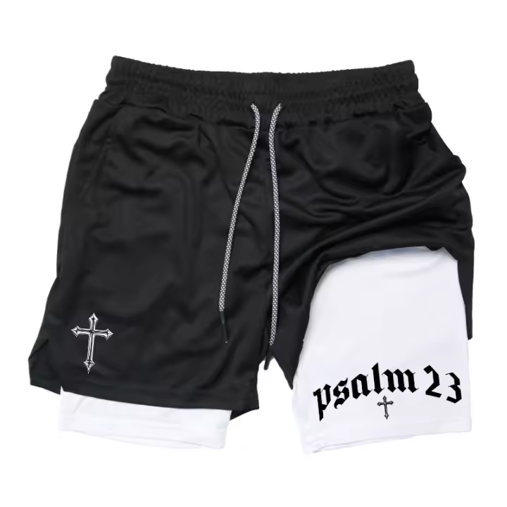 Shorts De Entrenamiento Para Hombre Con Estampado De Cruz Psalm 2 En 1 Running Performance Transpirable Con Bolsillo Para Teléfono Móvil Activewear - 1