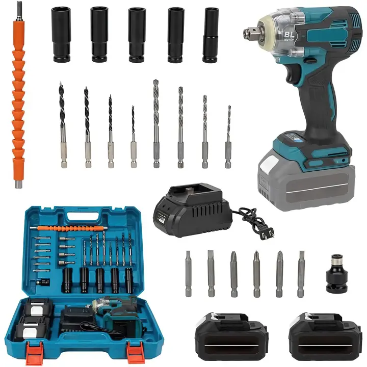 llave de impacto eléctrica sin escobillas, destornillador inalámbrico de 1/2 pulgadas, herramientas eléctricas para batería Makita de 18V, 1200n. M, Con enchufe UE para 2 pilas - 1