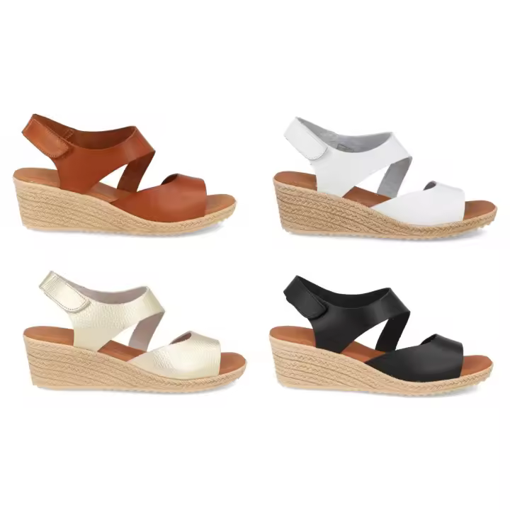 2041 - BDA SANDALIAS DE CUÑA   COLORES : NEGRO , CUERO , ORO , BLANCO  TALLAS : 35 AL 41  CORTE EXTERIOR : PIEL  FORRO INTERIOR : PIEL  PLANTILLA : PIEL / GEL  ALTURA TACÓN / CUÑA : 5 CM.  PISO : SINTÉTICO - 1