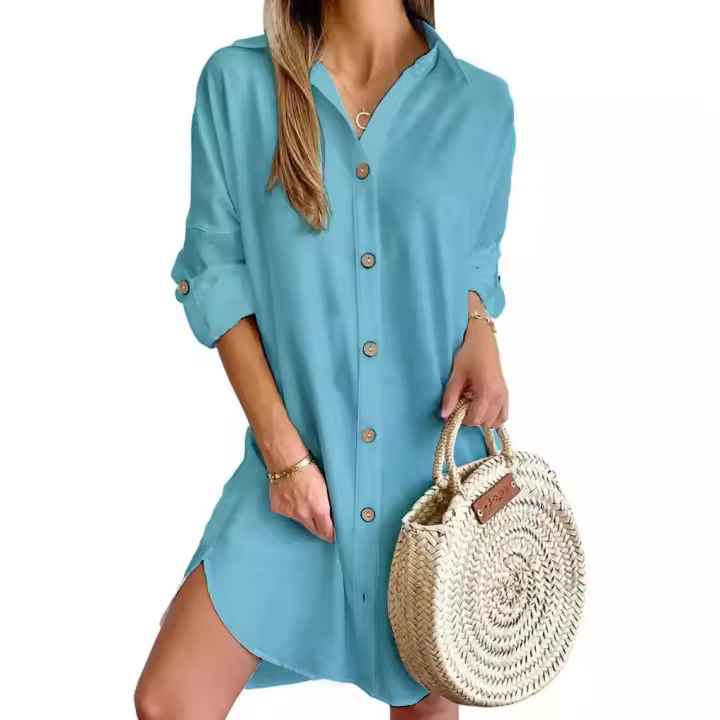Vestido De Encaje Con Botones De Color Sólido Para Mujer Manga Larga Estilo Casual Con Cuello En V Para Primavera Y Otoño - 1