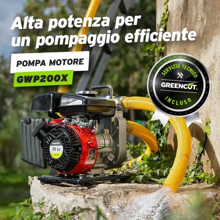 GREENCUT GWP200X - Motobomba de agua 79cc (2,6CV), caudal 12.000 l/h, altura de succión X m, impulsión 18 m, ideal para riego, drenaje y llenado de depósitos - 1