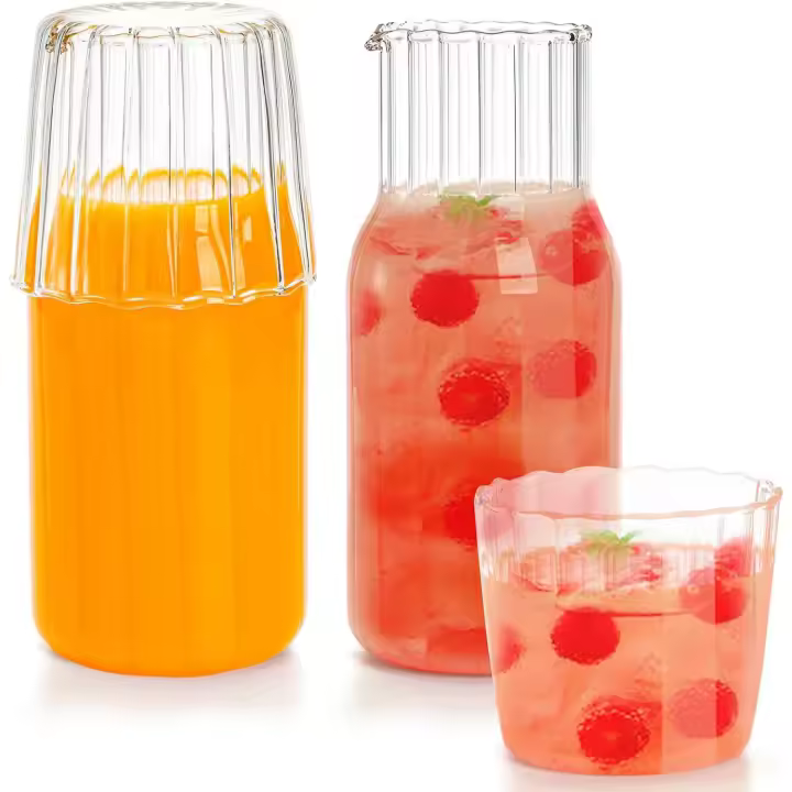 Jarra de agua para mesita de noche de 4 piezas con vaso de vidrio, juego de jarra de agua y vaso para mesita de noche de 18 onzas, juego de jarra de agua transparente y taza de noche para escritorio, - 1