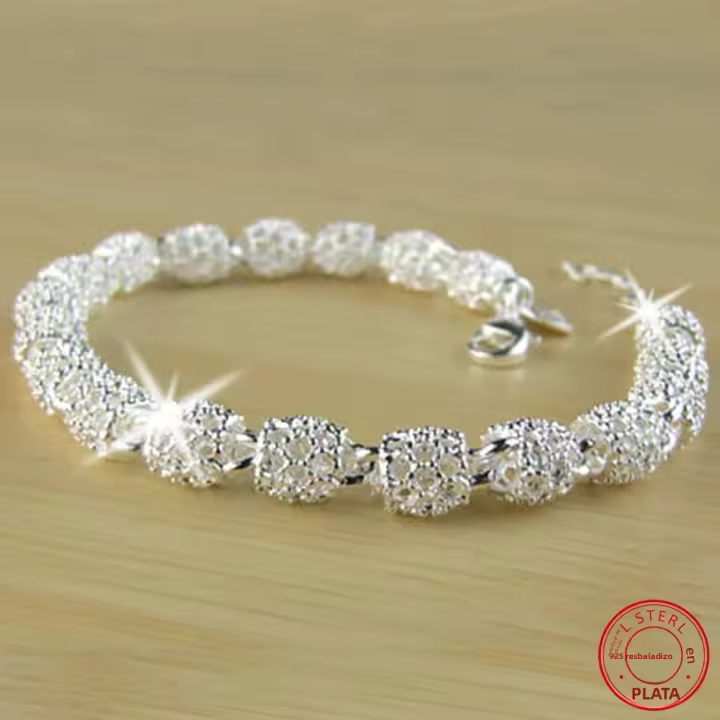 Pulsera De Encanto De Flores De Plata 925 Para Mujer Con Bola Hueca Ajustable Joyería De Boda Y Fiesta Regalos - 1